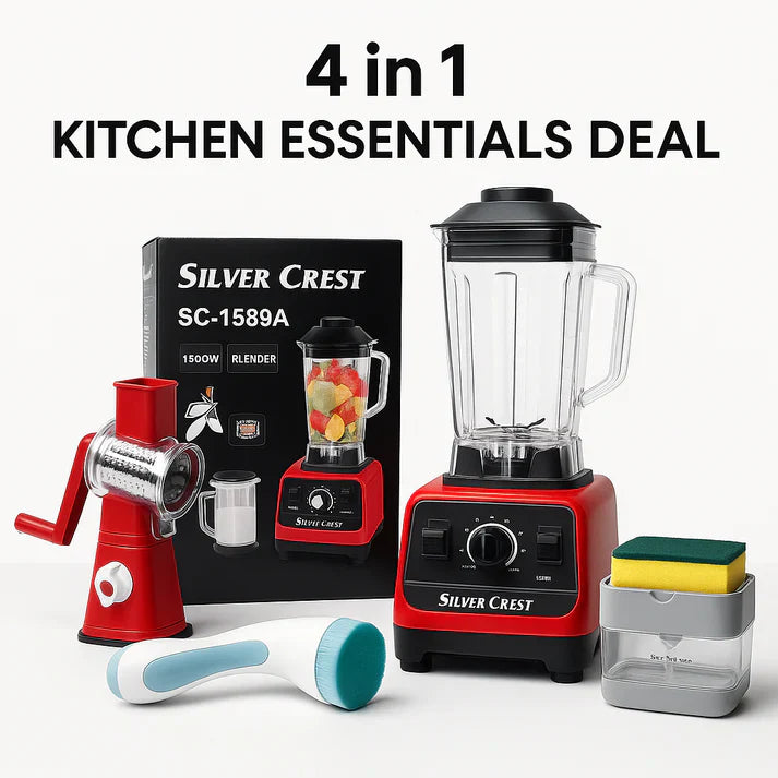 4-in-1 Kitchen Deal – Silver Crest Juicer + Grater + Cleaning Brush + Soap Pump