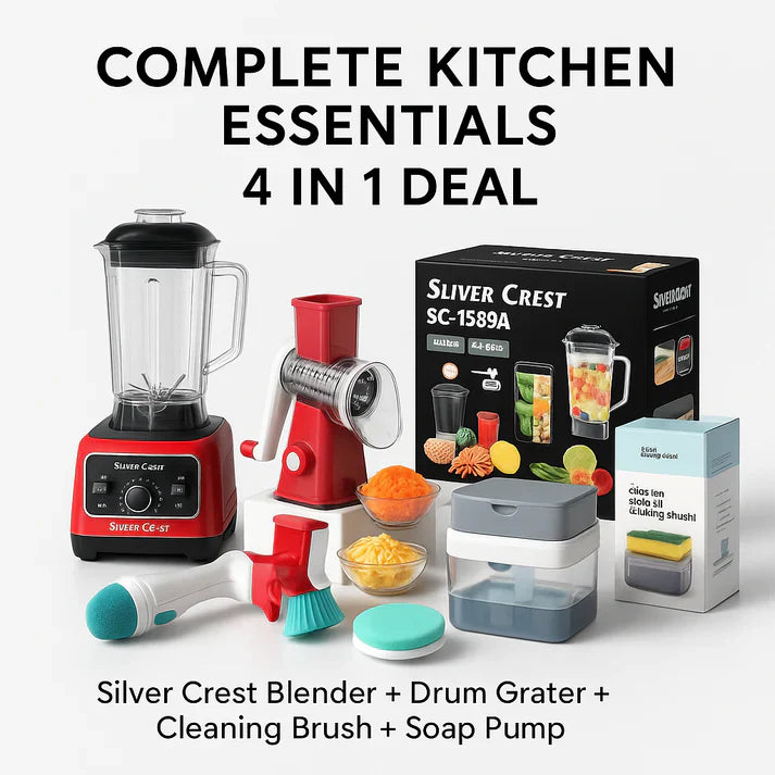 4-in-1 Kitchen Deal – Silver Crest Juicer + Grater + Cleaning Brush + Soap Pump
